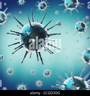 Cellule virali di coronavirus, Covid-19, SARS-COV-2 - illustrazione 3D Foto Stock