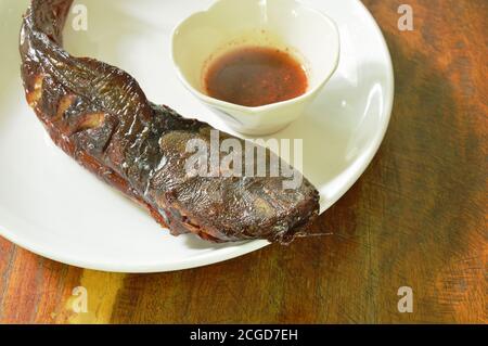 immersione di pesce gatto alla griglia con salsa piccante su piatto Foto Stock