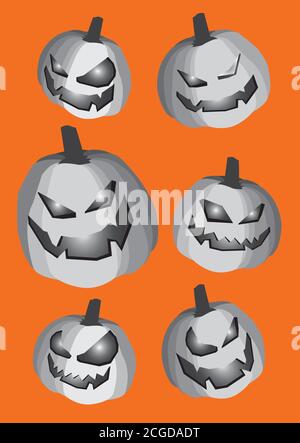 Illustrazione vettoriale dei volti di zucca grigia con tagli malvagi Isolato su sfondo arancione Illustrazione Vettoriale