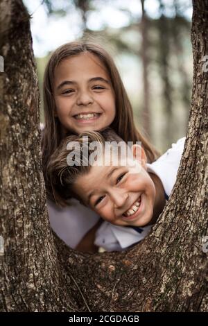 Fratello e sorella con sorrisi divertenti che si posano sull'albero trunk Foto Stock