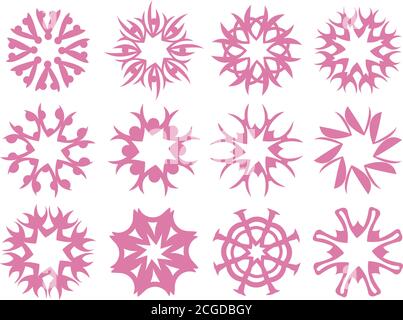 Set di motivi geometrici astratti rotondi ispirati ai fiocchi di neve nella stagione invernale. Elemento decorativo vettoriale in rosa isolato su sfondo bianco Illustrazione Vettoriale