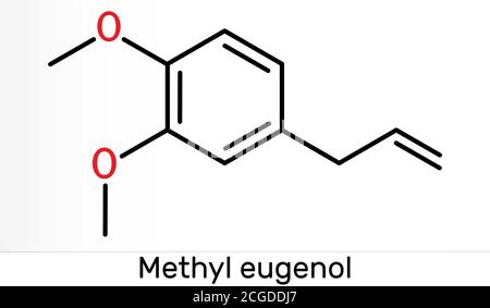 Eugenolo di metile, allilveratrolo, molecola di metileugenolo. È fenilpropene, un tipo di fenilpropanoide. È usato come agente aromatizzante, come fragranza, come un Foto Stock