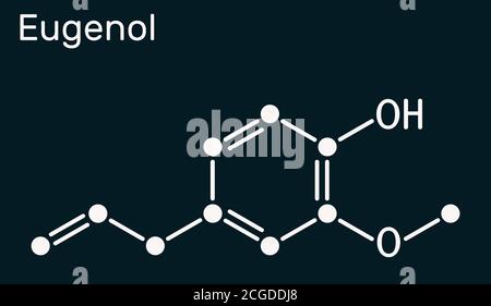 Eugenolo, molecola di olio essenziale di chiodo di garofano. È usato come aromatizzante per gli alimenti e i tè e come olio di erbe per trattare il mal di denti. Formula chimica scheletrica su Foto Stock