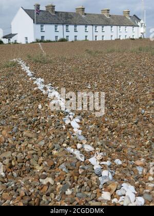 Una linea di conchiglie bianche conduce dalla fila di cottage a Shingle Street attraverso le desolate rive di ghiaia sulla costa di Suffolk. Foto Stock