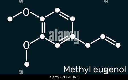 Eugenolo di metile, allilveratrolo, molecola di metileugenolo. È fenilpropene, un tipo di fenilpropanoide. È usato come agente aromatizzante, come fragranza, come un Foto Stock