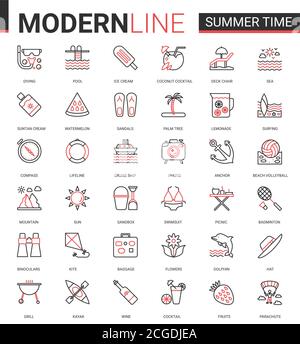 Set di illustrazioni vettoriali con icona a linea nera rossa sottile per le vacanze estive. Sito web outline estate pittogramma app collezione di simboli con viaggi o vacanze in spiaggia oggetti e attività sportive tratto modificabile Illustrazione Vettoriale