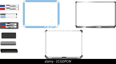White Board vettoriale con antipolvere e marcatore isolati su sfondo bianco. Illustrazione Vettoriale