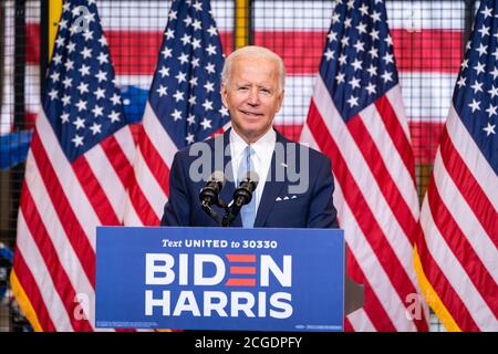 PITTSBURGH, PA, USA - 31 agosto 2020 - il candidato presidenziale democratico americano Joe Biden sulla pista di campagna in una visita intitolata 'il caso contro Tr Foto Stock