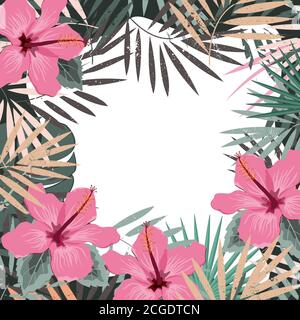 Confine estivo quadrato con foglie di palma tropicali e fiori di ibisco. Tropic cornice di sfondo. Illustrazione vettoriale per schede, sfondi di pagine Web Illustrazione Vettoriale