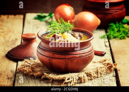 Cucina russa: Zuppa con manzo, funghi forestali e orzo perlato in una pentola di argilla su sfondo di legno d'annata, fuoco selettivo Foto Stock