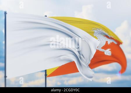 Bandiera bianca sul flagpole che sventola nel vento e bandiera del Bhutan. Vista in primo piano, illustrazione 3D. Foto Stock