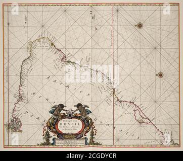 Titolo: Paskaart van Brasil van Rio de los Amazones, tot Rio de la Plata - carta Náutica da costa do Brasil e do Uruguay, da foz do Amazonas ao Rio da Prata Creatore: Pieter Goos Data: 1676 dimensioni: 44.5 x 54cm Medio: Incisione in rame luogo: Nederlands Scheepvaartmuseum Amsterdam Foto Stock