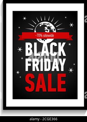 Poster di vendita Black friday in cornice su parete bianca. Black Friday vendita iscrizione modello di disegno. Poster di vendita alla moda. Vendita -70 in tutta la sede. Illustrazione Vettoriale