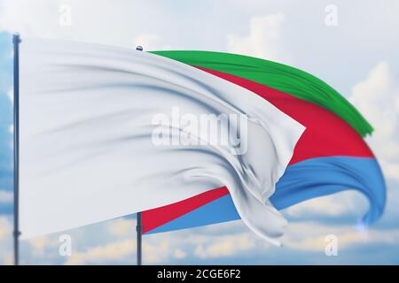 Bandiera bianca sul flagpole che sventola nel vento e bandiera dell'Eritrea. Vista in primo piano, illustrazione 3D. Foto Stock