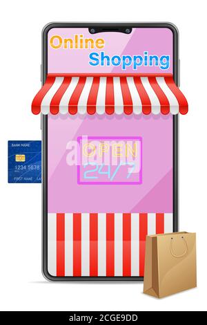 illustrazione vettoriale dello shopping online del concetto di smartphone isolata su sfondo bianco Illustrazione Vettoriale