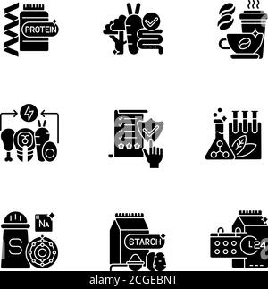 Icone di glifo nero di cibo nutriente impostate su spazio bianco Illustrazione Vettoriale