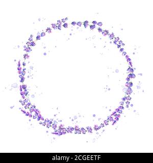 Lavanda fiori viola acquerello cornice rotonda isolato su sfondo bianco. Disegno circolare floreale disegnato a mano con acquerello. Elemento di disegno per inv Foto Stock