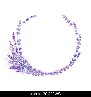 Lavanda fiori viola acquerello cornice rotonda isolato su sfondo bianco. Disegno circolare floreale disegnato a mano con acquerello. Elemento di disegno per inv Foto Stock