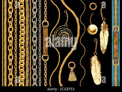 Illustrazione Golden Seamless pattern set. Acquerello tratto a mano con diverse catene d'oro, corde, piume, cinture, elementi di design su Foto Stock