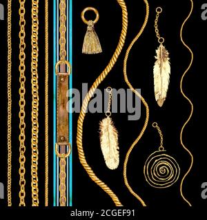 Illustrazione Golden Seamless pattern set. Acquerello tratto a mano con diverse catene d'oro, corde, piume, cinture, elementi di design su Foto Stock