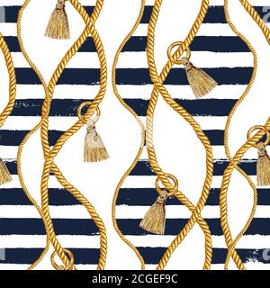 Disegno marittimo senza cuciture illustrazione nautica. Acquerello tratto a mano texture moda con corde e grunge strisce blu scuro su sfondo bianco. Waterco Foto Stock