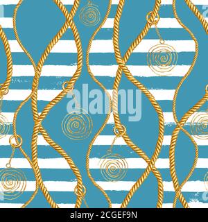 Disegno marittimo senza cuciture illustrazione nautica. Acquerello tratto a mano con corde e grunge strisce blu su sfondo blu. Acquerello p Foto Stock