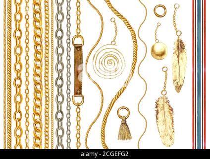 Illustrazione Golden Seamless pattern set. Acquerello tratto a mano con diverse catene d'oro, corde, piume, cinture, elementi di design su Foto Stock