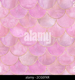 Mermaid pesce scala onda giapponese lusso colorato senza cuciture motivo. Acquerello dipinto a mano sfondo rosa pastello con linea oro. Scala acquerello sha Foto Stock