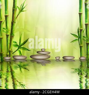 Spa ancora vita sfondo con pietre zen e piante di bambù verde. Illustrazione disegnata a mano con acquerello con spazio per il testo. Ciottoli acquerelli e bam Foto Stock