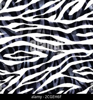 Bianco e nero astratto bianco e nero zebra monocromatica a strisce testurizzate motivo senza cuciture sfondo. Tessuto della pelle di pelliccia animale disegnato a mano con acquerello. Stampa per texti Foto Stock