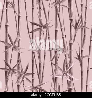 Gambi acquerelli di bambù e foglie grigio senza cuciture motivo su sfondo rosa. Acquerello disegno a mano illustrazione di tessitura botanica monocromatica. Stampa f Foto Stock