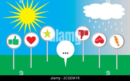 Diteci se vi piace o non vi piace. Segni con pulsanti emozionale. Adatto per la formazione su indagini e custumors opinon. Illustrazione vettoriale. EPS10. Illustrazione Vettoriale