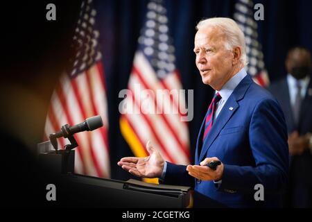 WILMINGTON, PA, USA - 04 settembre 2020 - il candidato presidenziale democratico americano Joe Biden ad un conferenziere stampa su 'lo stato dell'economia americana e lavoro annd Foto Stock