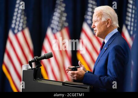 WILMINGTON, PA, USA - 04 settembre 2020 - il candidato presidenziale democratico americano Joe Biden ad un conferenziere stampa su 'lo stato dell'economia americana e lavoro annd Foto Stock