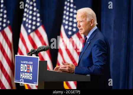 WILMINGTON, PA, USA - 04 settembre 2020 - il candidato presidenziale democratico americano Joe Biden ad un conferenziere stampa su 'lo stato dell'economia americana e lavoro annd Foto Stock