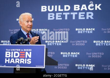 WILMINGTON, PA, USA - 04 settembre 2020 - il candidato presidenziale democratico americano Joe Biden ad un conferenziere stampa su 'lo stato dell'economia americana e lavoro annd Foto Stock