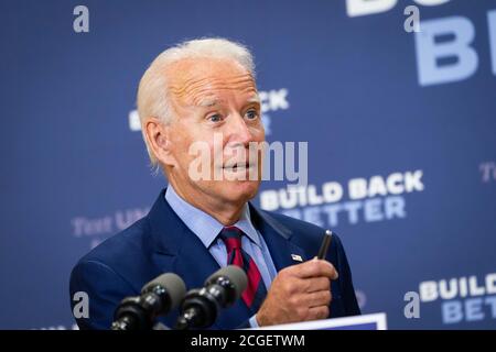 WILMINGTON, PA, USA - 04 settembre 2020 - il candidato presidenziale democratico americano Joe Biden ad un conferenziere stampa su 'lo stato dell'economia americana e lavoro annd Foto Stock