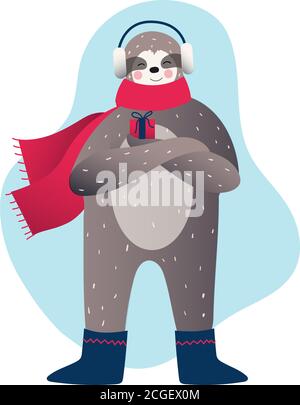 Inverno, Natale o Capodanno. Cute pigro sloth in inverno tiene il panno Illustrazione Vettoriale