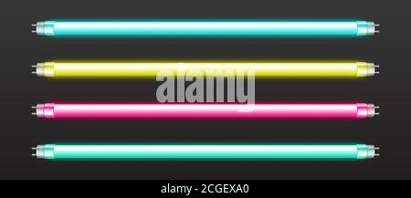 Colore tubo al neon luci isolate su sfondo scuro. Insieme vettoriale realistico di lampade a barre fluorescenti, blu incandescente, rosa, giallo e bordo linea verde. Lampade alogene per night club Illustrazione Vettoriale