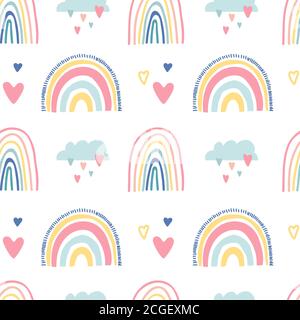 Asilo nido per bambini. Simpatico motivo senza cuciture disegnato a mano con arcobaleni sorridenti, nuvole e cuori. Doccia per bambini. Bambini doodle design per carta da parati, wrapping Illustrazione Vettoriale