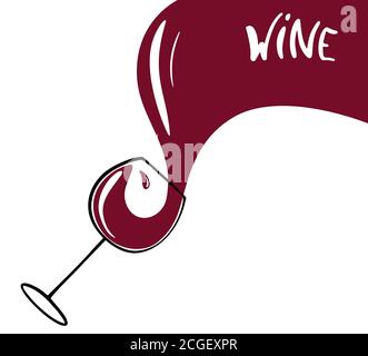Disegnare a mano l'illustrazione del vino vettoriale. Vino rosso che si versa da una bottiglia in un bicchiere Illustrazione Vettoriale