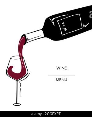 Disegnare a mano l'illustrazione del vino vettoriale. Vino rosso che si versa da una bottiglia in un bicchiere Illustrazione Vettoriale