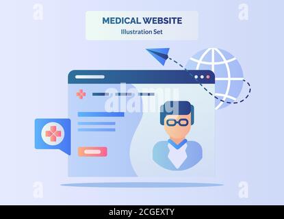 Sito web medico carta aereo volante globo web medico carattere con stile cartoon piatto. Illustrazione Vettoriale