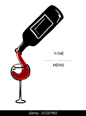 Disegnare a mano l'illustrazione del vino vettoriale. Vino rosso che si versa da una bottiglia in un bicchiere Illustrazione Vettoriale
