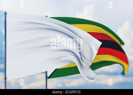 Bandiera bianca sul flagpole che sventola nel vento e bandiera dello Zimbabwe. Vista in primo piano, illustrazione 3D. Foto Stock