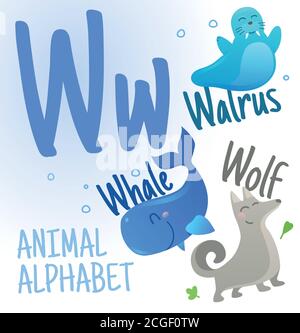 Alfabeto animale in vettore. Lettera W. Molto carino cartone animato Animali Walrus, Wolf, Whale. Illustrazione Vettoriale