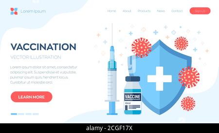 Concetto di vaccinazione. Campagna di immunizzazione. Vaccino sparato. Assistenza sanitaria e protezione. Siringa con schermo protettivo per flacone di vaccino e virus Illustrazione Vettoriale
