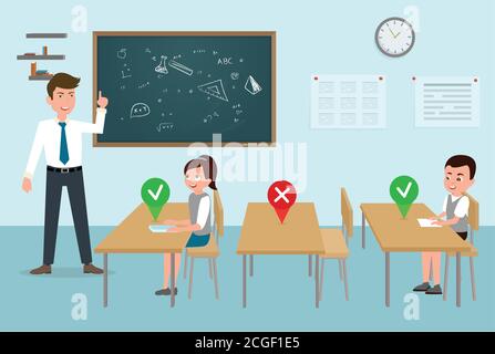 Distanza sociale a scuola. Coronavirus Guida per le scuole nuove regole per l'istruzione. Studenti che indossano maschera facciale, maintaing distanza in classe Illustrazione Vettoriale