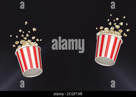 Tazza con cucchiaio rotondo per il film di spruzzi di popcorn. Realistico vettore banner cinema pop corn carta ciotola rosso bianco scatola. Blow up pop corn volanti. Le Oops cadono Illustrazione Vettoriale