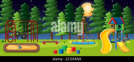 Parco giochi per bambini nel parco con luna grande nel cielo di notte illustrazione in stile cartoon Illustrazione Vettoriale